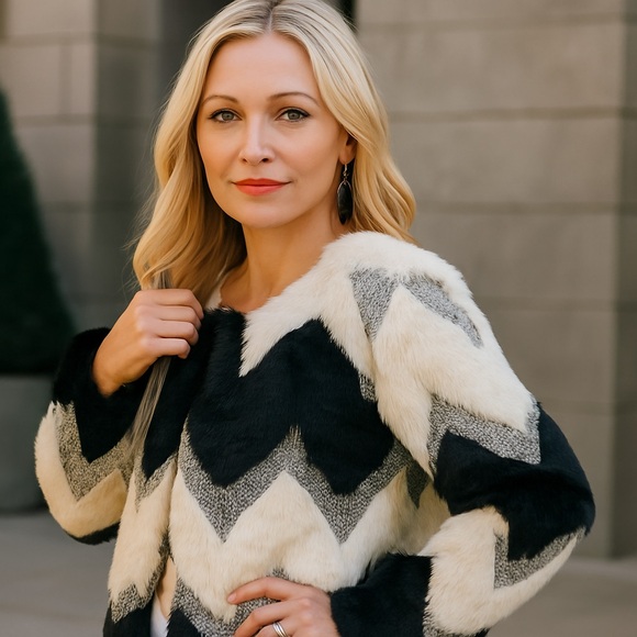 CeCe Jackets & Blazers - CeCe Chevron Faux Fur Jacket | Black & Ivory | Size M  (NWOT)